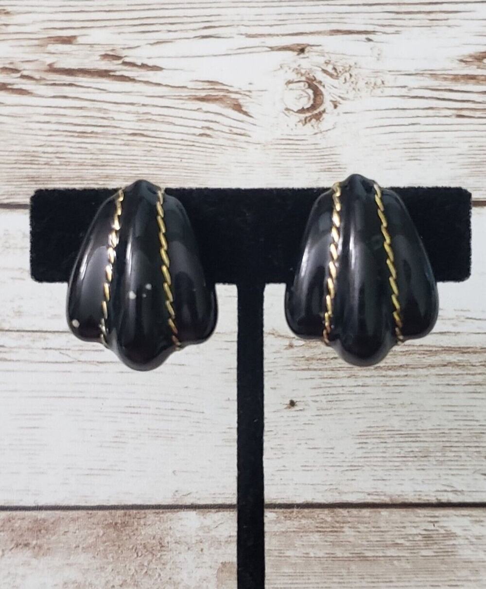 Vintage Clip On Earrings Black & Gold Tone - Some Damage
